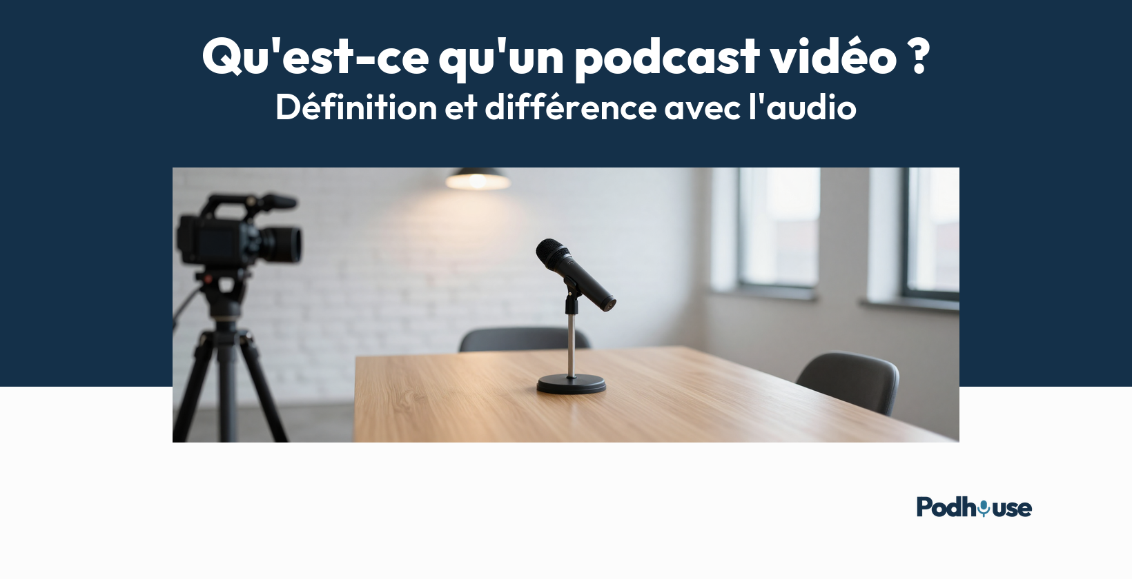 Une caméra sur trépied, de côté, filme un micro posé sur une table : le podcast vidéo, le son d'un podcast filmé